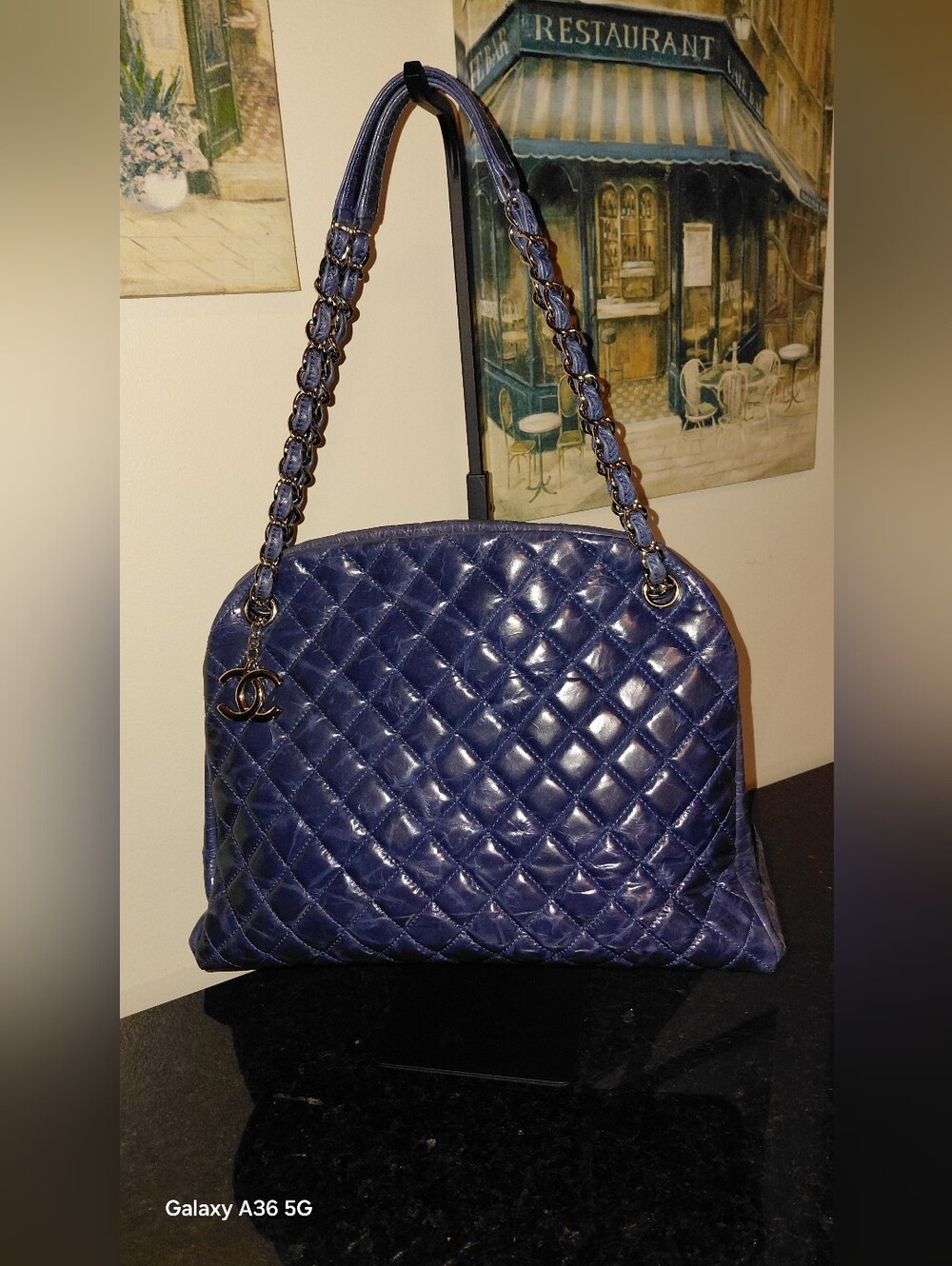 Chanel Navy Glazed Quilted Leather Just Mademoiselle Bowler Satchel Bag VGC!